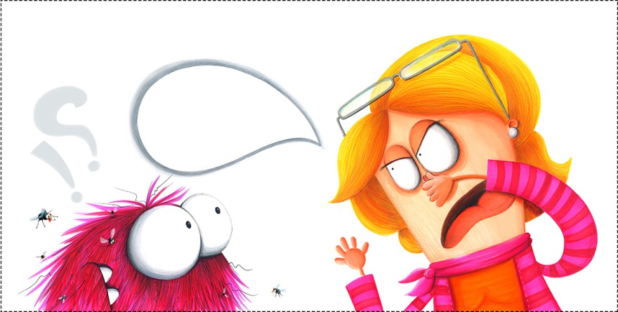 Colorful illustration showing a close-up of the strange creature and the school teacher. The teacher is frustrated and struggling with the smell, while the strange creature looks puzzled. Illustrated by Zarifi Haidar Marín (ظريفة حيدر). Title: الكائن العجيب (The Strange Creature).