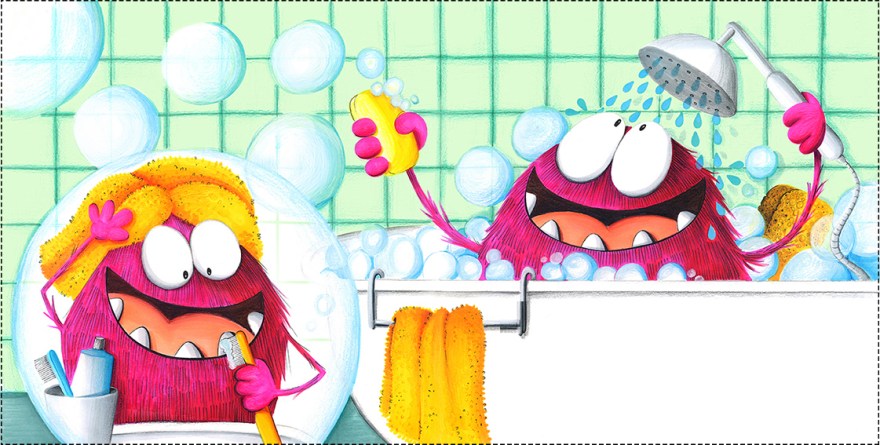 Colorful illustration showing the strange creature enjoying a bubble bath and brushing its teeth. The creature looks happy and excited. Illustrated by Zarifi Haidar Marín (ظريفة حيدر). Title: الكائن العجيب (The Strange Creature).