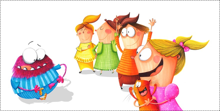 Colorful illustration showing a close-up of the strange creature surrounded by school children who have become his friends. They are all happy and gathered around the now clean, well-dressed creature, who is wearing new socks and no longer smells. Illustrated by Zarifi Haidar Marín (ظريفة حيدر). Title: الكائن العجيب (The Strange Creature).