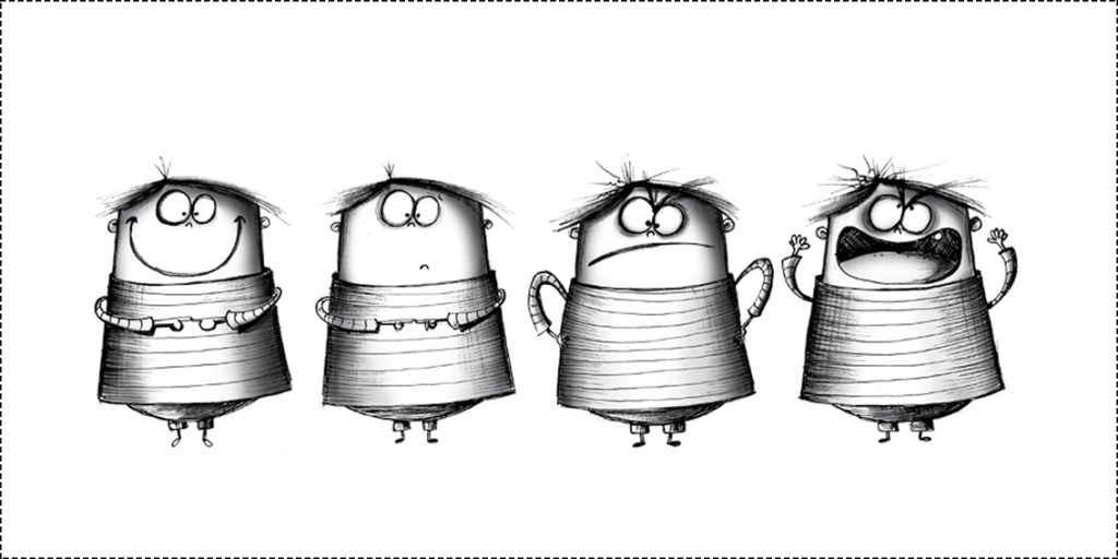 Black and white illustration featuring Hadi displaying a range of expressions, from happiness to anger. From the picture book When You Get Angry (عندما تغضب), illustrated by Zarifi Haidar Marín (ظريفة حيدر) and winner of the Etisalat Award for Arabic Children’s Literature in the Best Production category (2013).