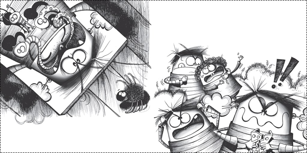Black and white spread illustration featuring Hadi looking angry, shouting bad words that take the shape of serpents and reptiles as they escape his mouth while fighting with other kids. From the picture book When You Get Angry (عندما تغضب), illustrated by Zarifi Haidar Marín (ظريفة حيدر) and winner of the Etisalat Award for Arabic Children’s Literature in the Best Production category (2013).