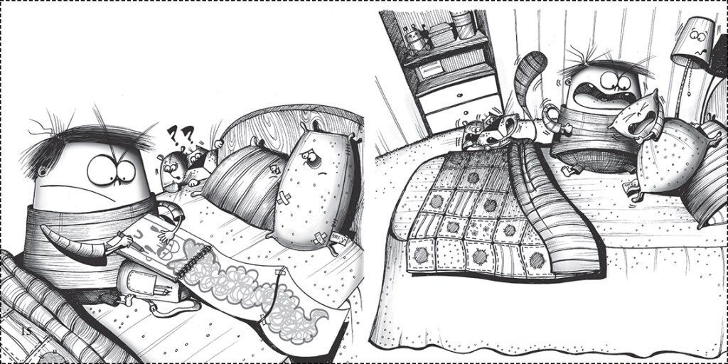 Black and white spread illustration featuring Hadi expressing his anger by drawing his teacher crying and hitting his pillows. From the picture book When You Get Angry (عندما تغضب), illustrated by Zarifi Haidar Marín (ظريفة حيدر) and winner of the Etisalat Award for Arabic Children’s Literature in the Best Production category (2013).