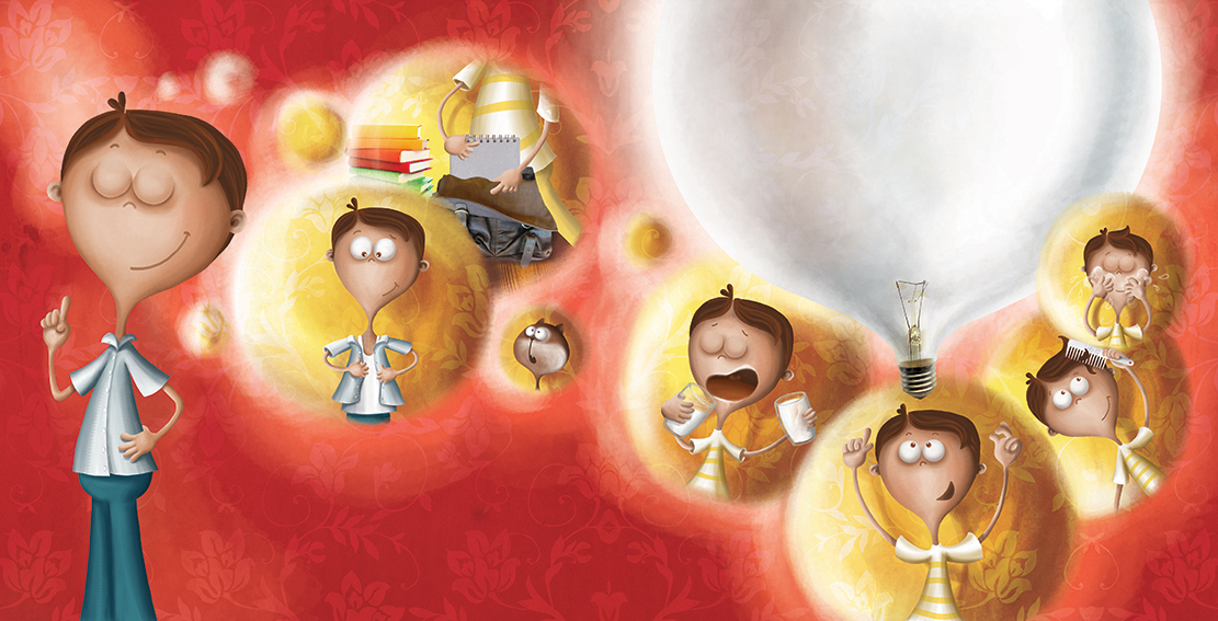 Colorful illustration featuring Hisham, looking proud as a giant lightbulb above his head symbolizes his brilliant idea. Surrounding scenes show various parts of his creative plan. A picture book illustrated by Zarifi Haidar Marín (ظريفة حيدر), Honor Listed by the International Board on Books for Young People (IBBY) in 2014. Title: ما احلى النوم (HOW GOOD IS TO SLEEP).