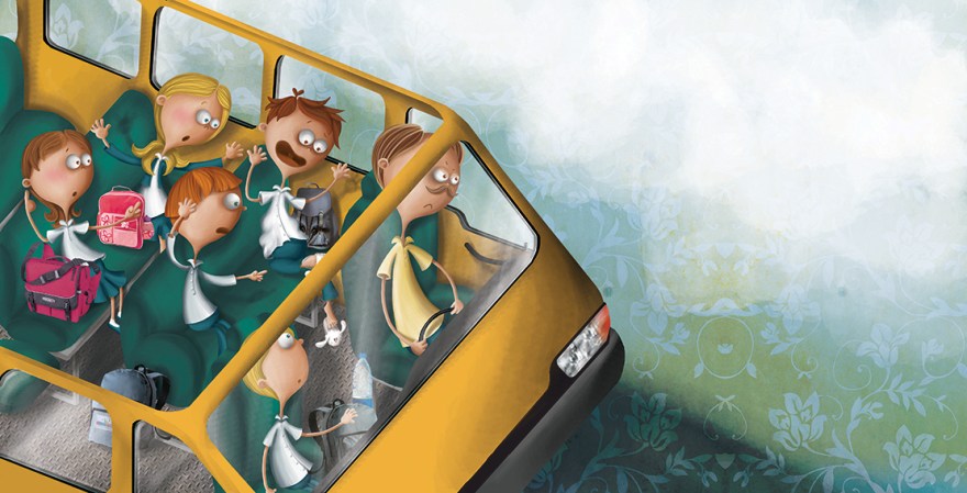Colorful illustration showing a worried Hisham on the bus, realizing the consequences of his plan. Other kids gaze at his feet in wonder and surprise. Illustrated by Zarifi Haidar Marín (ظريفة حيدر), Honor Listed by the International Board on Books for Young People (IBBY) in 2014. Title: ما احلى النوم (HOW GOOD IS TO SLEEP).
