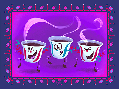 Colorful and playful illustration of three traditional Lebanese coffee cups joyfully dancing the Dabkeh, showcasing the vibrant energy and cultural spirit of Lebanon through lively movement and cheerful expressions. The scene captures the essence of Lebanese tradition and celebration in a whimsical and fun way.