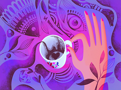 Illustration of a woman's hand holding a coffee cup, with rich coffee grounds transforming into intricate, imaginative shapes that fill the entire page. The swirling patterns reveal symbolic elements often seen in traditional fortune-telling, including a devil’s eye, a dove, a heart, and a snake, capturing the mystical essence of Lebanese coffee cup readings.