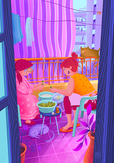 Colorful illustration of Lebanese women enjoying coffee and preparing Kousa Mahshi (stuffed zucchini) on a sunlit Beirut balcony, surrounded by playful cats, with intricate details capturing the warmth of the moment. Illustration by Lebanese artist Zarifi Haidar.