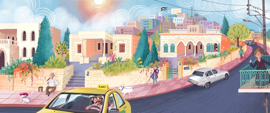 Colorful spread illustration showing a traditional Jordanian neighborhood, featuring charming details like stone buildings, lush vegetation, a typical taxi, balconies, and people enjoying coffee by the sidewalk. Local cultural elements bring the vibrant life and atmosphere of Jordan to the forefront. A Joozoori picture book illustrated by Zarifi Haidar Marín (ظريفة حيدر).