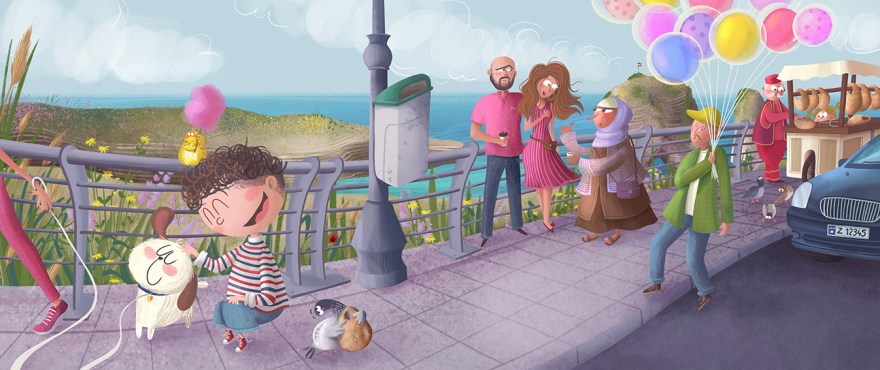 Colorful spread illustration featuring a detailed view of the famous Pigeon’s Rock area in Beirut. The young boy protagonist is petting a dog that’s passing by, while his bird friend enjoys pink cotton candy on a handrail. A fortune teller is seen trying to convince a young couple to let her read their coffee cup. Nearby, a traditional kaak seller and a balloon vendor add to the lively scene, with pigeons happily eating kaak around them. A Joozoori picture book illustrated by Zarifi Haidar Marín (ظريفة حيدر).
