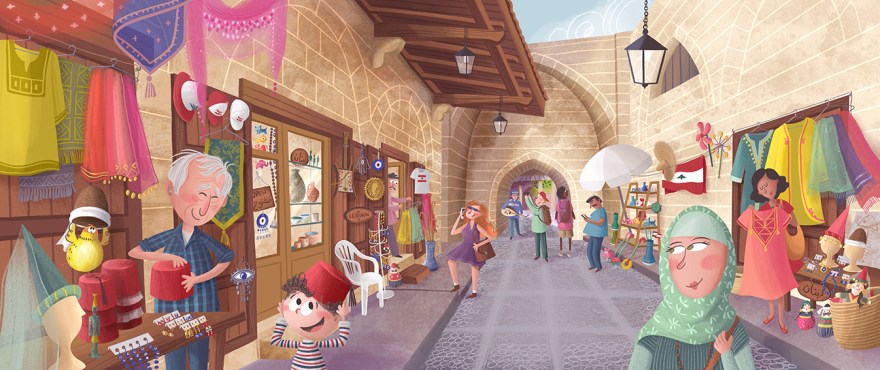 Colorful spread illustration showcasing the ancient Byblos souk. The young boy and his bird friend are seen sampling traditional tarboush from one of the market stands. The lively souk scene is filled with people, sellers, merchandise, and a man playing the oud in the background. The architecture of the souk, with its detailed buildings and textured materials, adds warmth and authenticity to the scene. A Joozoori picture book illustrated by Zarifi Haidar Marín (ظريفة حيدر).