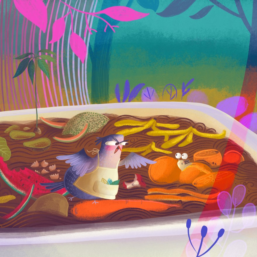 section of a vibrant spread from a picture book illustrating a vegetable-seller bird operating a shop inside an old bathtub turned compost station. The scene showcases snails, playful characters, free brushstrokes, colorful shapes, and subtle environmental themes inspired by sustainability and DIY composting. Illustrated by Zarifi Haidar Marín (ظريفة حيدر).