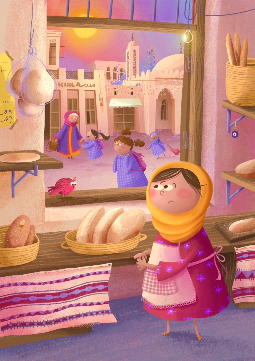 A heartfelt illustration showing a little girl inside a bakery, gazing sadly through the window at the other children happily heading to school. The warm, nostalgic setting of the bakery highlights her longing to join her friends while she stays behind to help her father. Illustrated by Zarifi Haidar Marín (ظريفة حيدر).